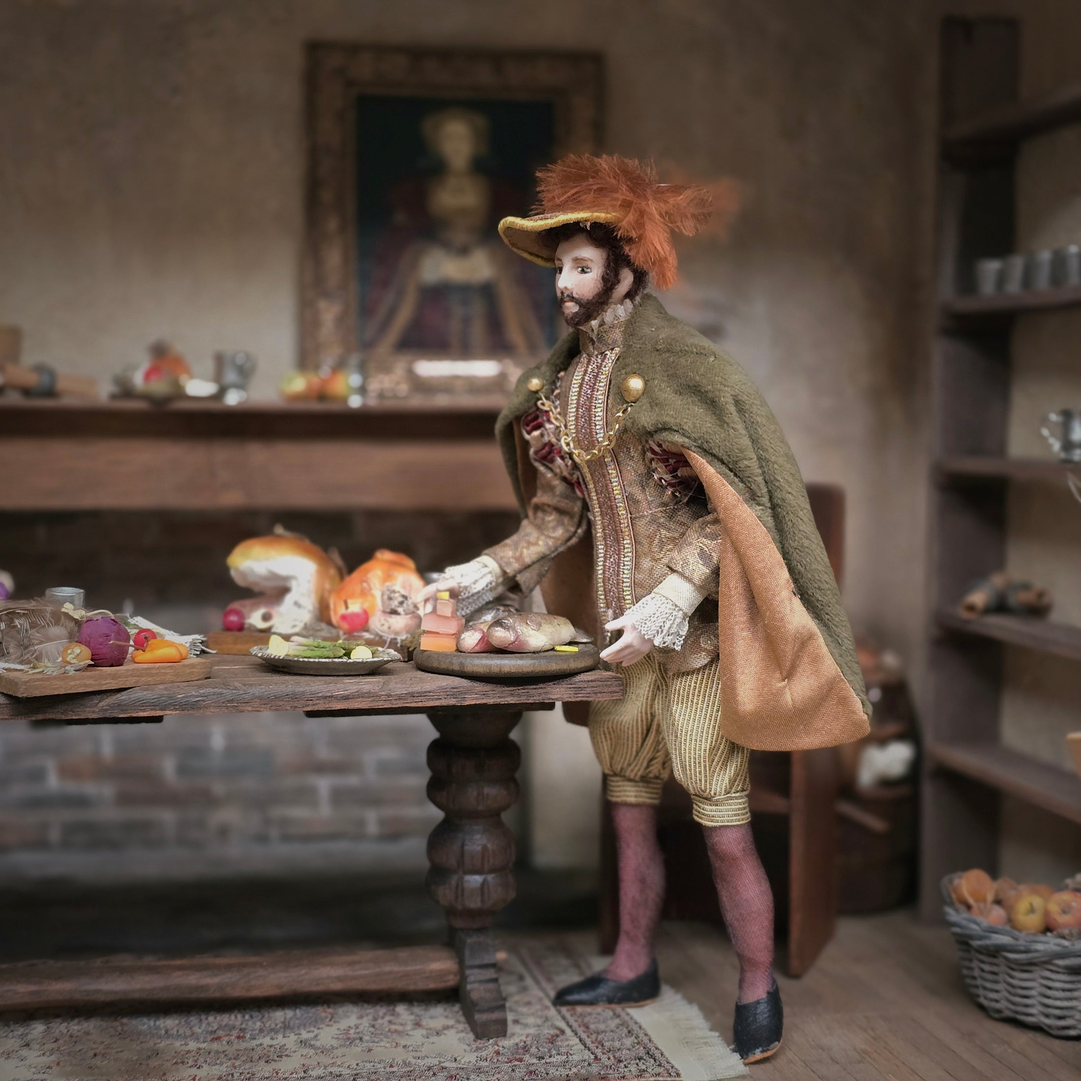 Tudor Gentleman Porcelain Doll in Silk & Velvet Cape with Feathered Hat