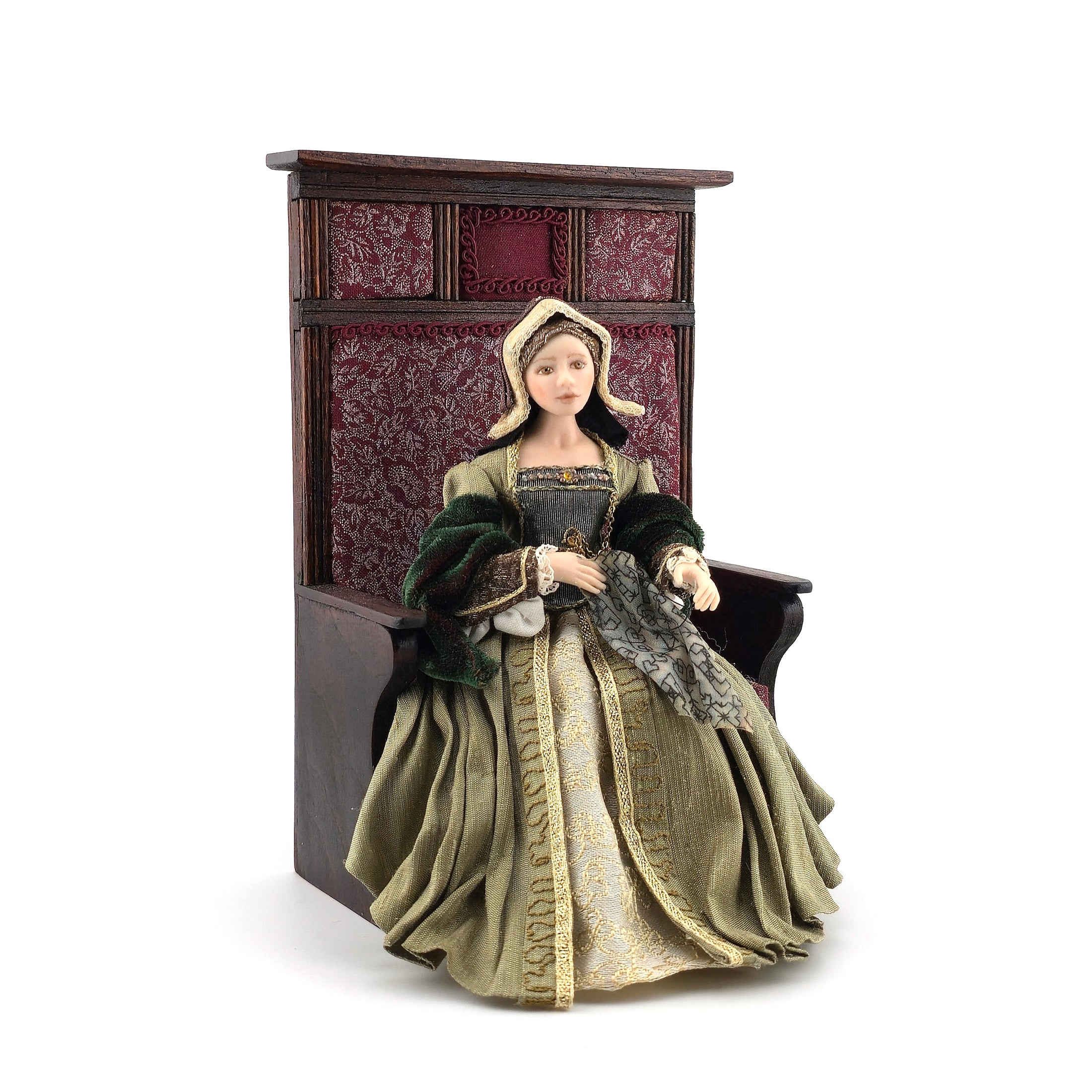 Debbie Vanstone Heverbell Dolls English Tudor Doll Embroidering with Tall-Back Bench