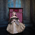 Load image into Gallery viewer, Debbie Vanstone Heverbell Dolls English Tudor Doll Embroidering with Tall-Back Bench
