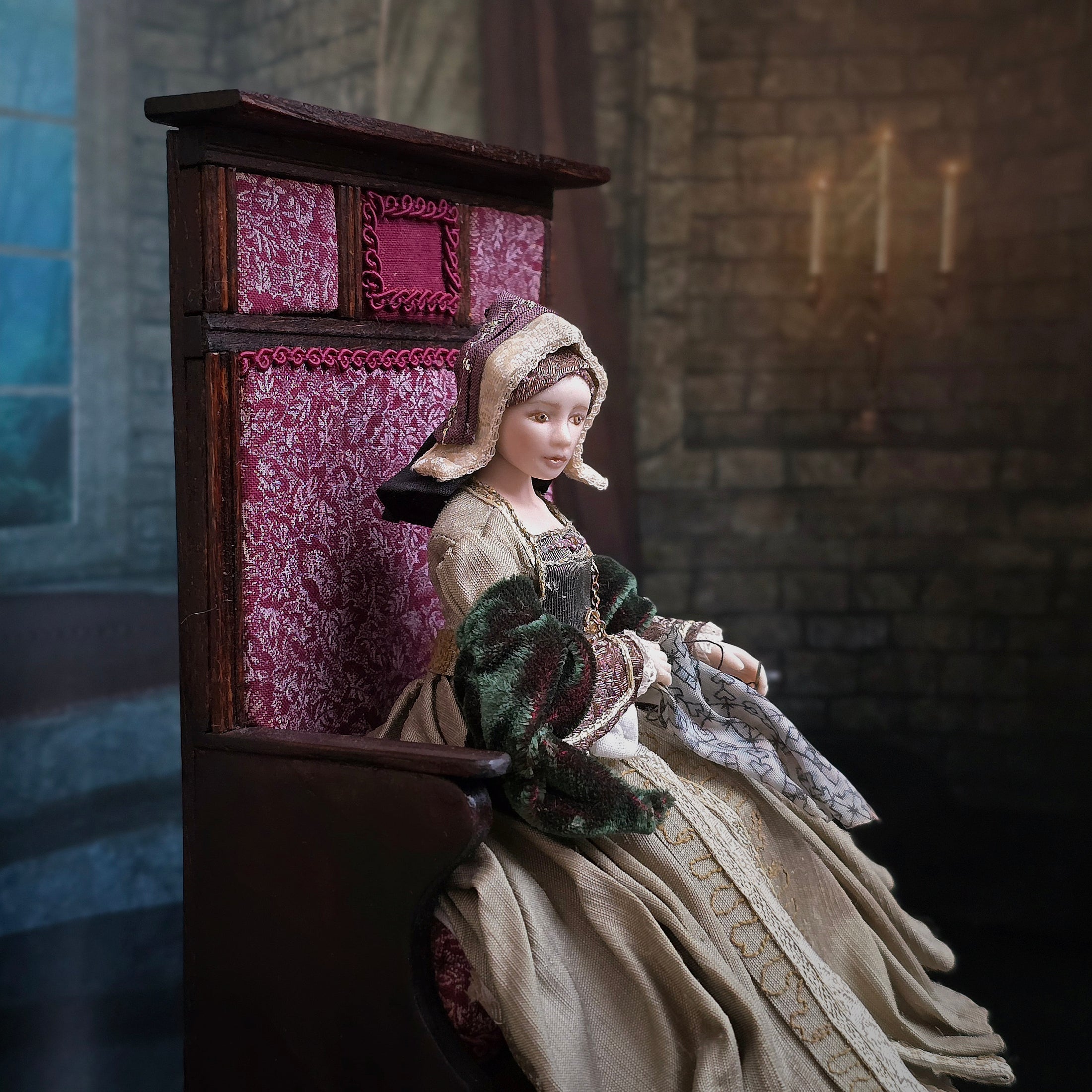 Debbie Vanstone Heverbell Dolls English Tudor Doll Embroidering with Tall-Back Bench