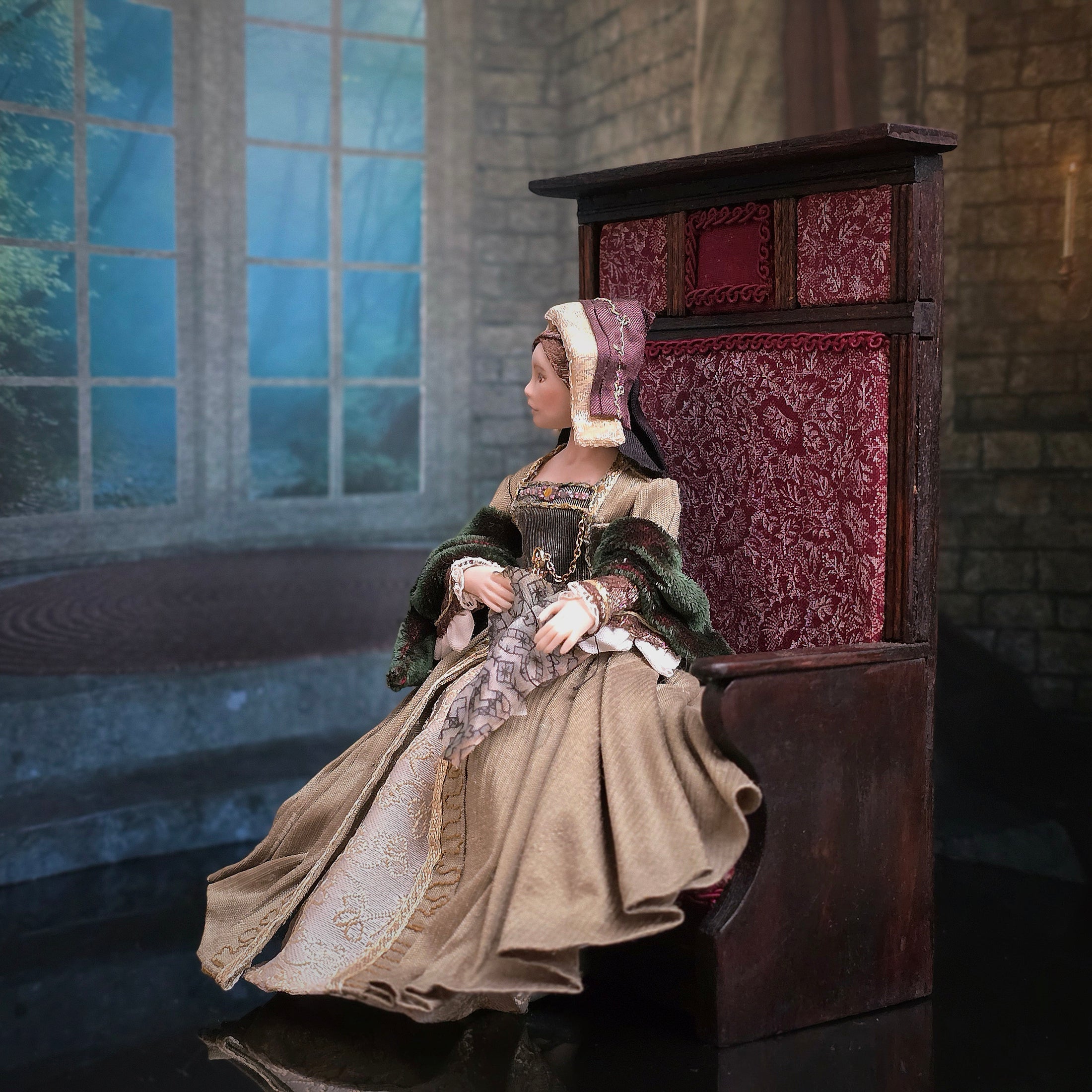 Debbie Vanstone Heverbell Dolls English Tudor Doll Embroidering with Tall-Back Bench