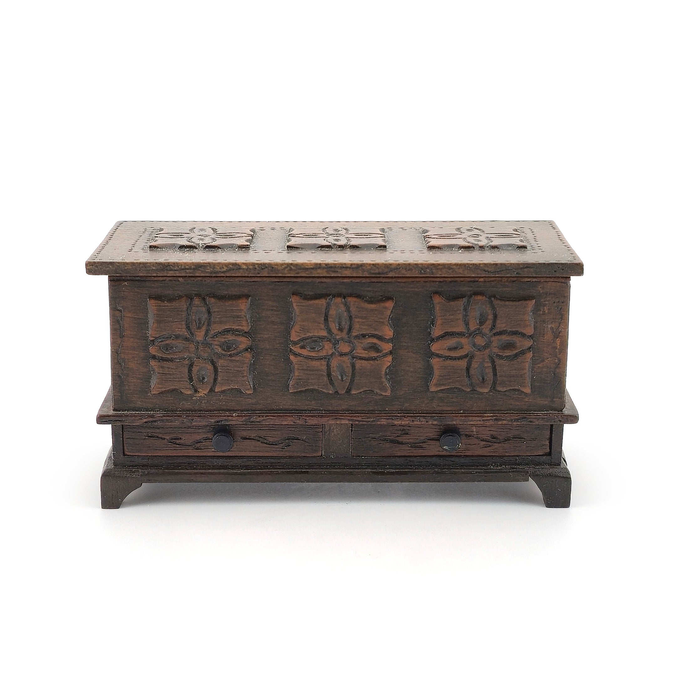 Signed 1981 Gothic Medieval Wooden Chest with Hinged Lid & Drawers