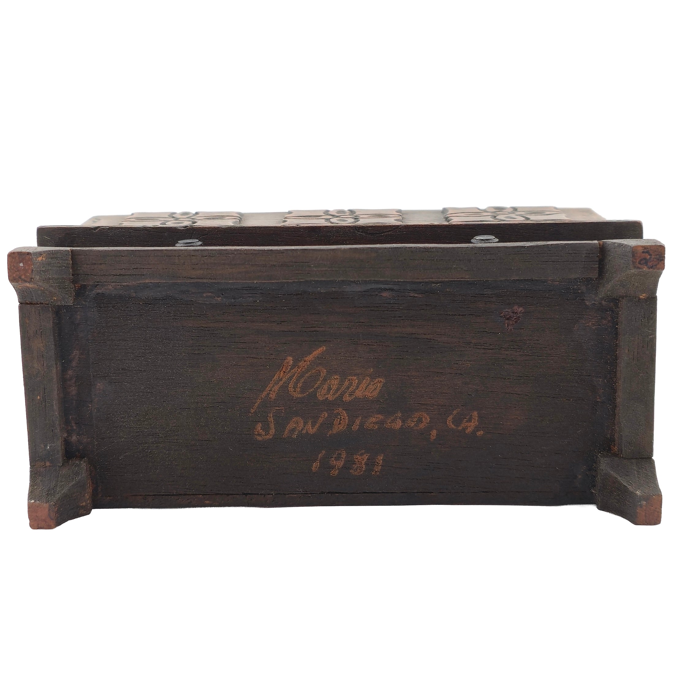 Signed 1981 Gothic Medieval Wooden Chest with Hinged Lid & Drawers