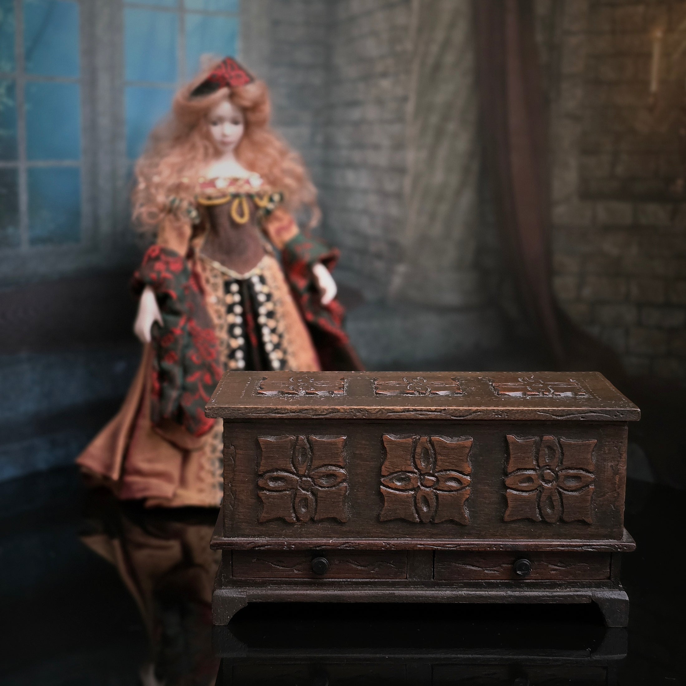 Signed 1981 Gothic Medieval Wooden Chest with Hinged Lid & Drawers