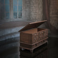 Load image into Gallery viewer, Signed 1981 Gothic Medieval Wooden Chest with Hinged Lid & Drawers
