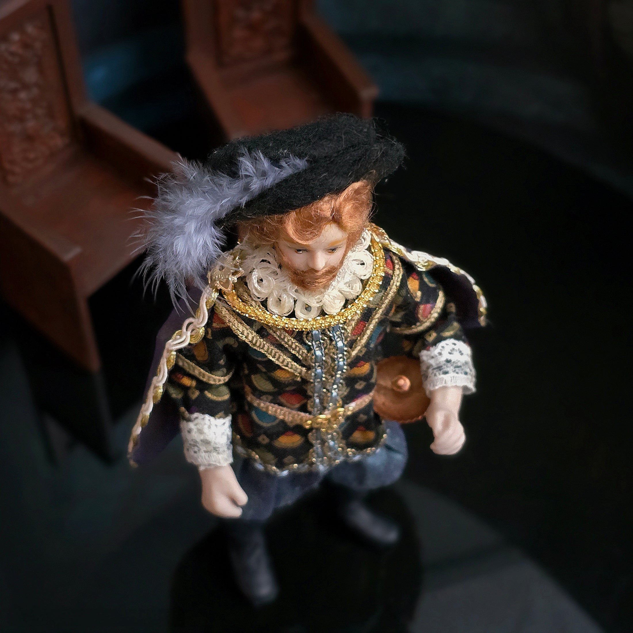 V. Hutchinson Small Fry Tudor Gentleman Doll with Cape, Ruff & Feathered Hat