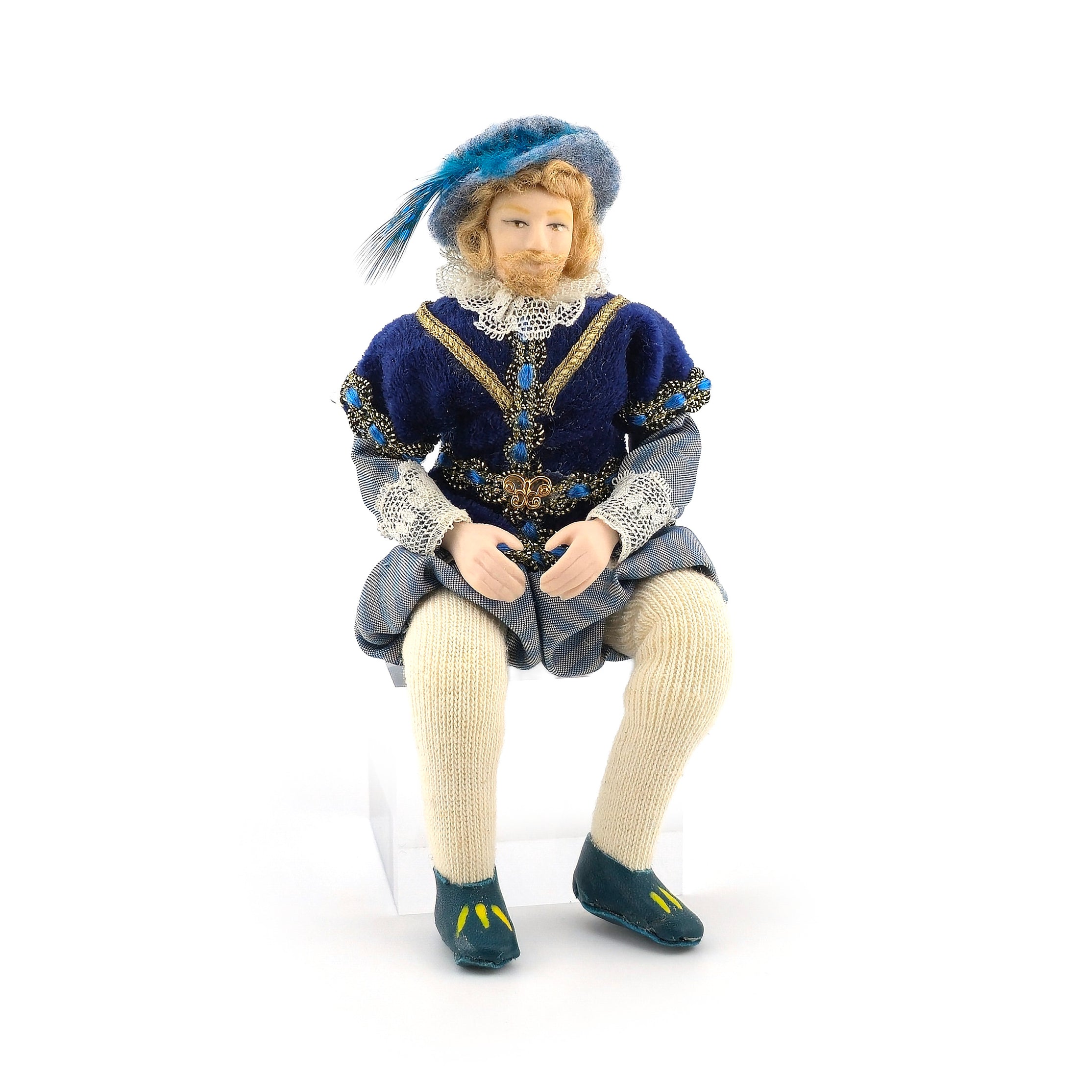 Artisan Tudor Renaissance Nobleman Porcelain Doll in Blue Velvet with Feathered Hat