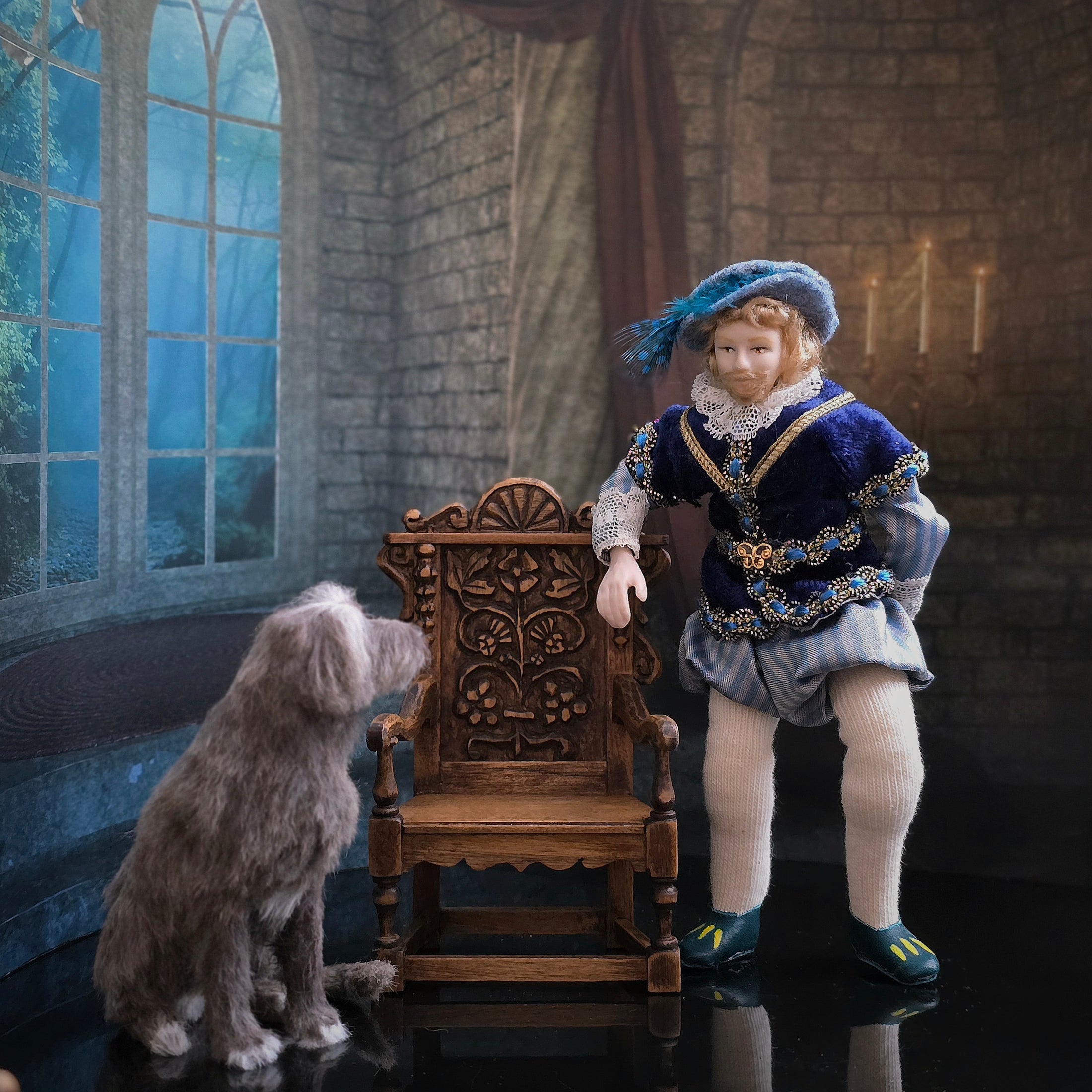 Artisan Tudor Renaissance Nobleman Porcelain Doll in Blue Velvet with Feathered Hat