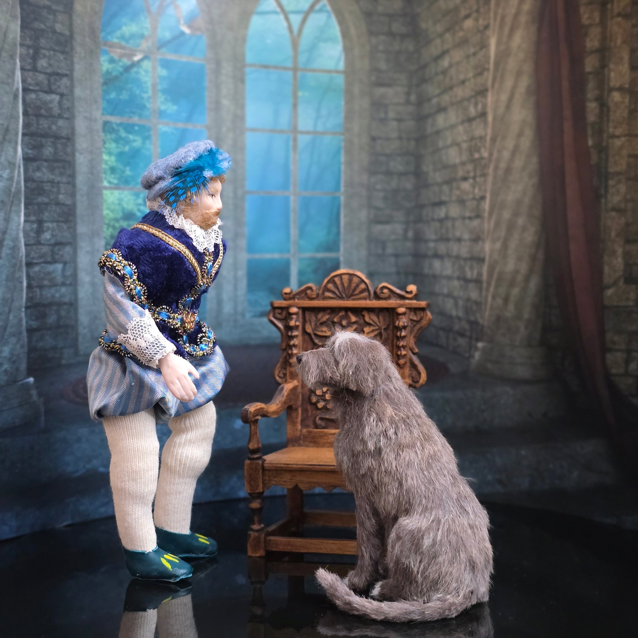 Artisan Tudor Renaissance Nobleman Porcelain Doll in Blue Velvet with Feathered Hat
