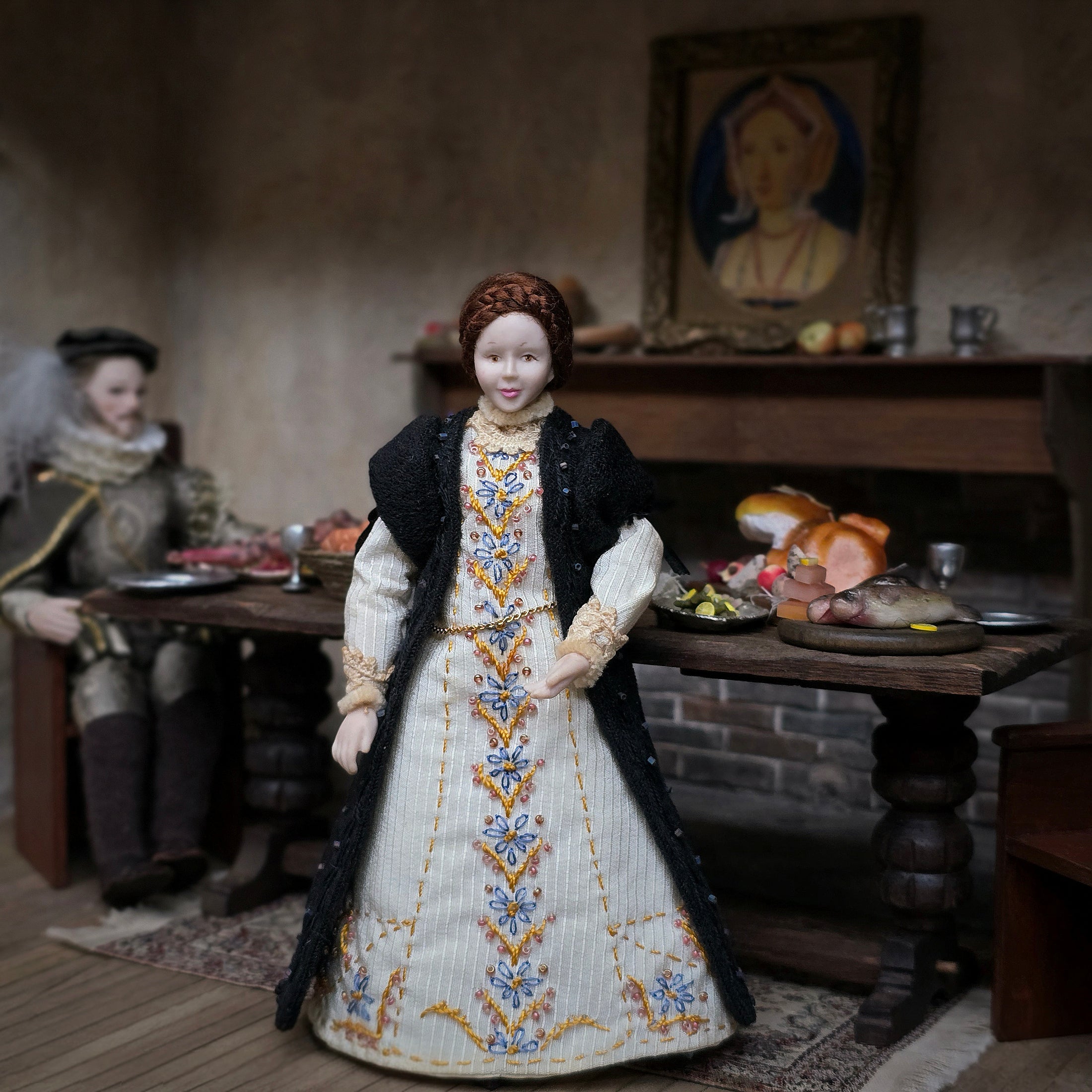 Artisan Tudor Lady Doll in Hand-Embroidered Kirtle & Black Loose Gown