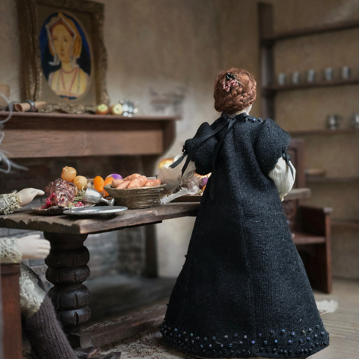 Artisan Tudor Lady Doll in Hand-Embroidered Kirtle & Black Loose Gown