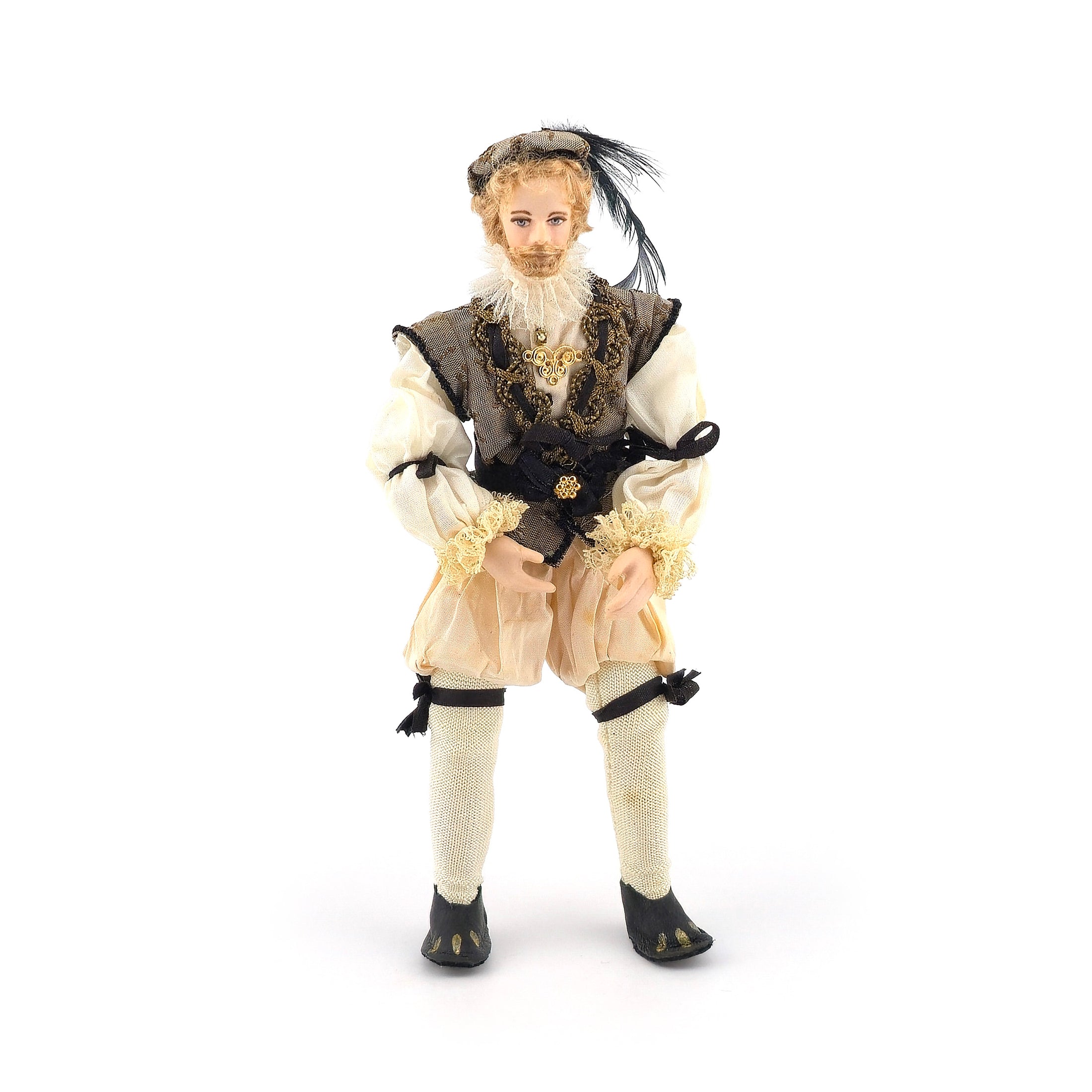 Derdriu Dolls Blonde Tudor Gentleman in Silk Costume with Feathered Cap 1:12
