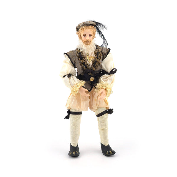Derdriu Dolls Blonde Tudor Gentleman in Silk Costume with Feathered Cap 1:12