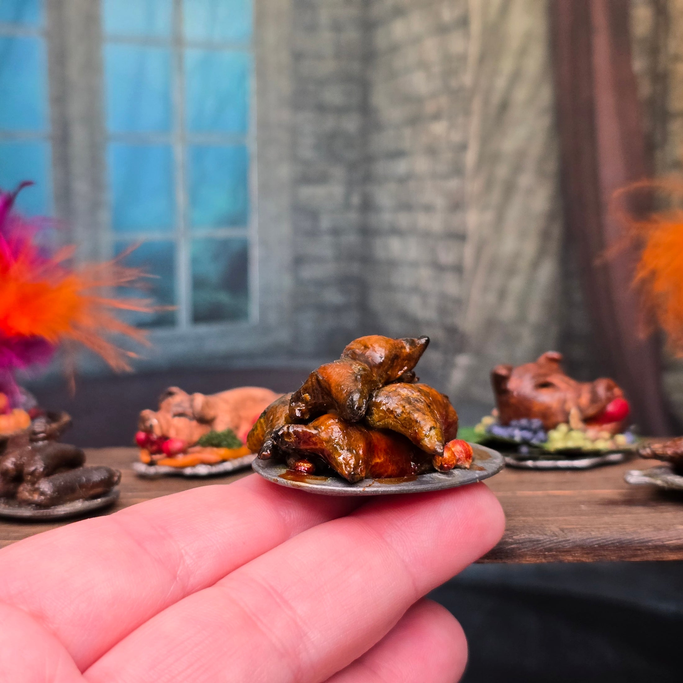 Val Adams Gramarye Keep Roasted Pigs on Pewter Platter Tudor Feast Miniature
