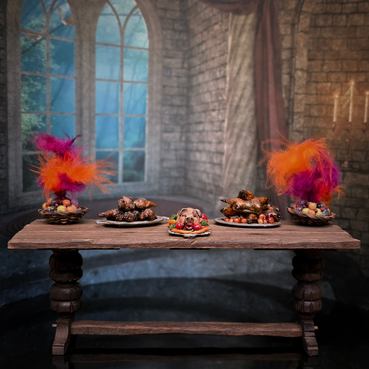 Val Adams Gramarye Keep Roasted Pig with Vegetables on Pewter Platter Tudor Miniature