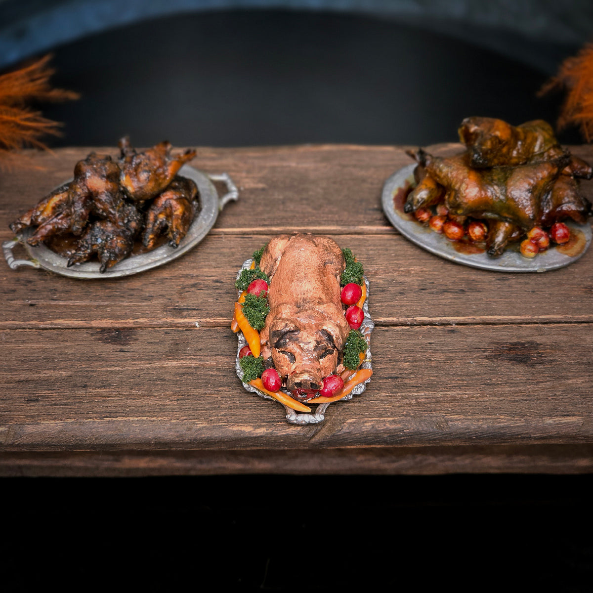 Val Adams Gramarye Keep Roasted Pig with Vegetables on Pewter Platter Tudor Miniature
