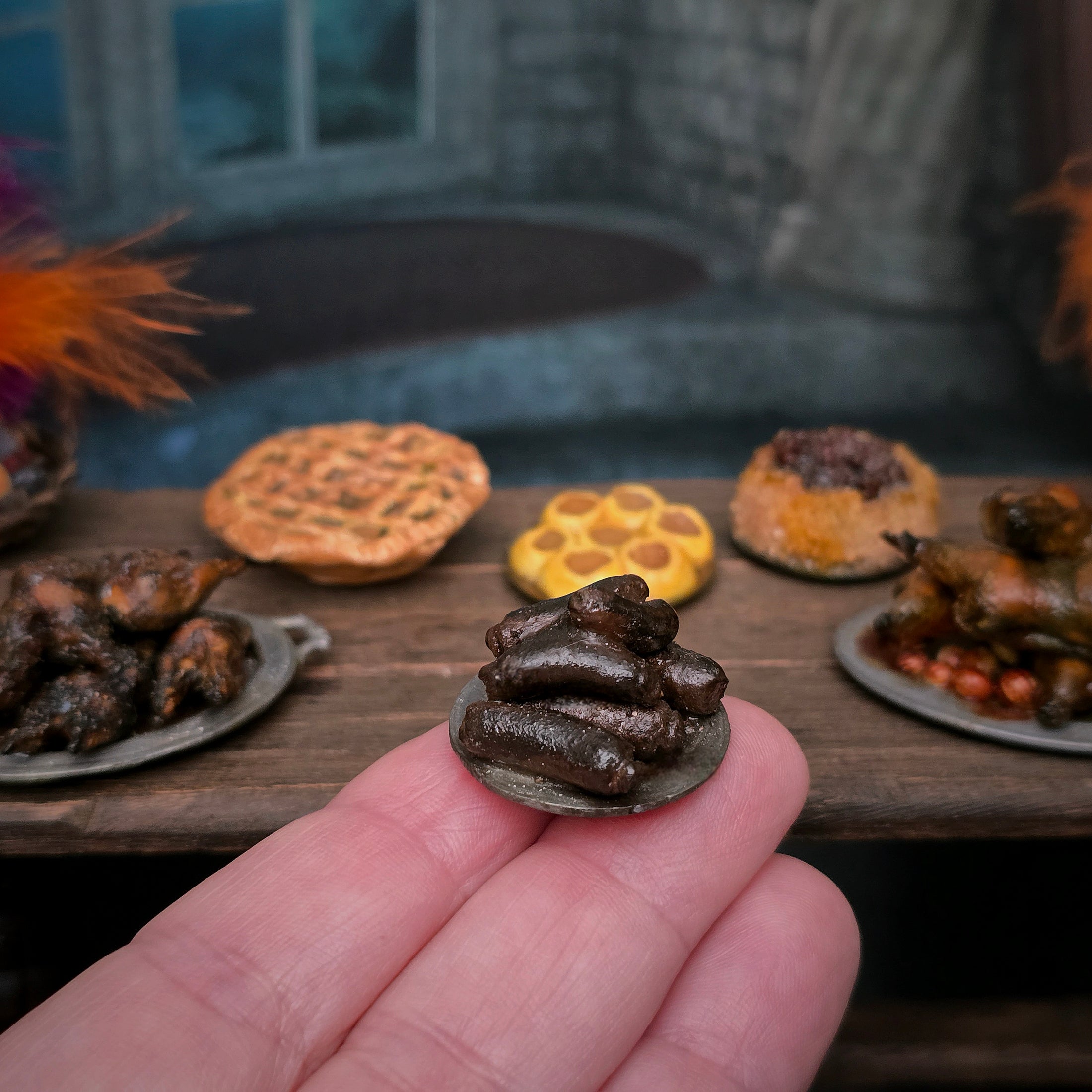 Val Adams Gramarye Keep Blood Sausages on Pewter Plate Tudor Food Miniature