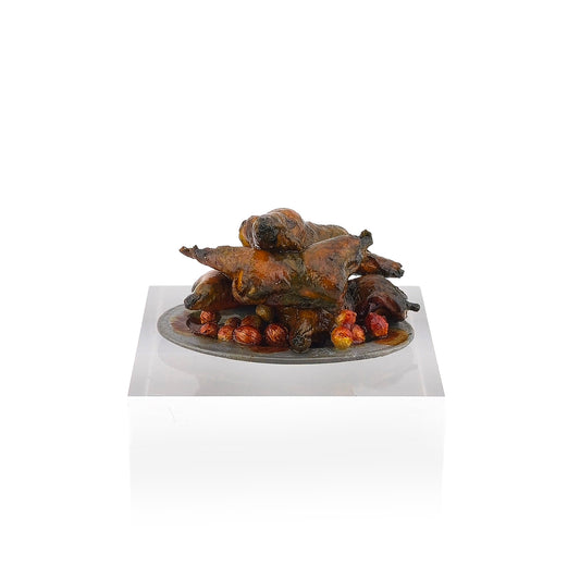 Val Adams Gramarye Keep Roasted Pig Pieces with Potatoes on Pewter Platter