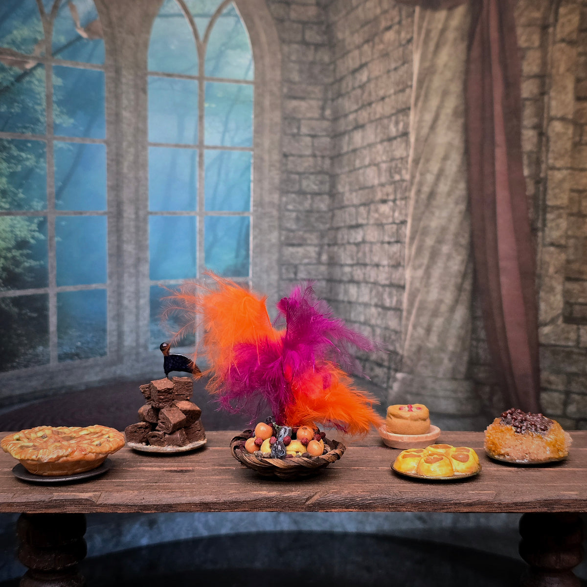 Val Adams Gramarye Keep Colorful Feathered Fruit Basket Tudor Banquet Centerpiece