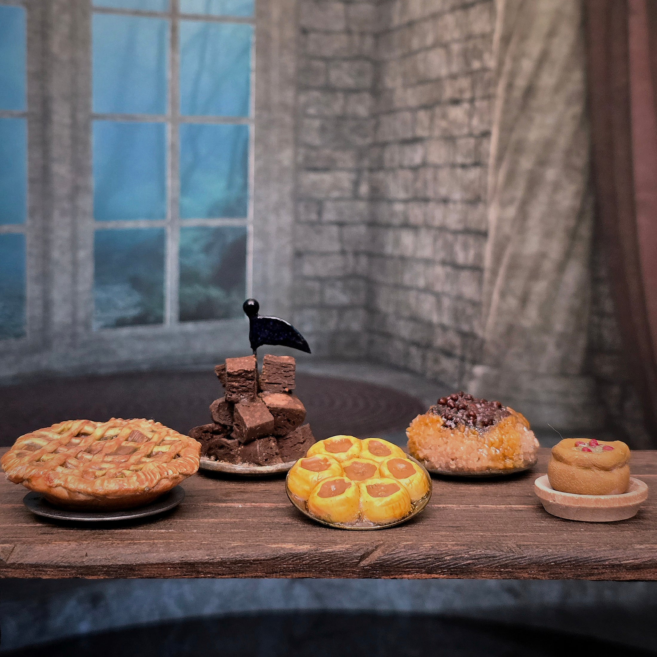 Val Adams Gramarye Keep Tudor Chewitt Meat Pies on Pewter Platter 1:12 Scale