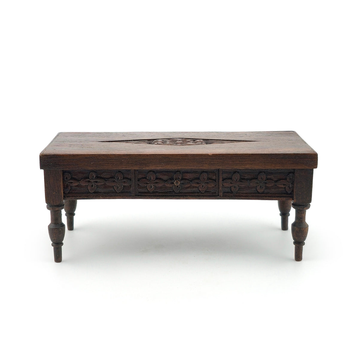 Hand-Carved Tudor-Style Low Serving Table with Floral Panels & Turned Legs