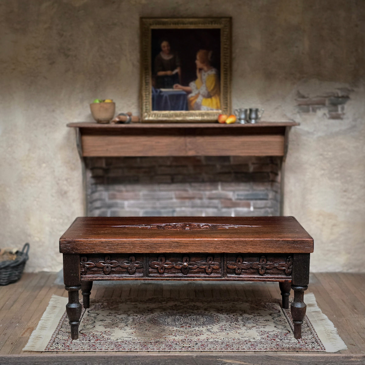 Hand-Carved Tudor-Style Low Serving Table with Floral Panels & Turned Legs