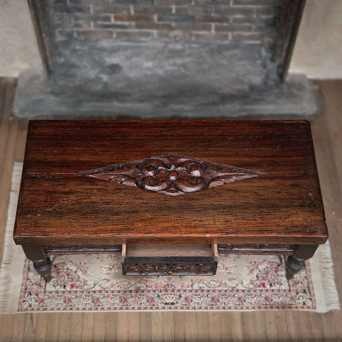 Hand-Carved Tudor-Style Low Serving Table with Floral Panels & Turned Legs