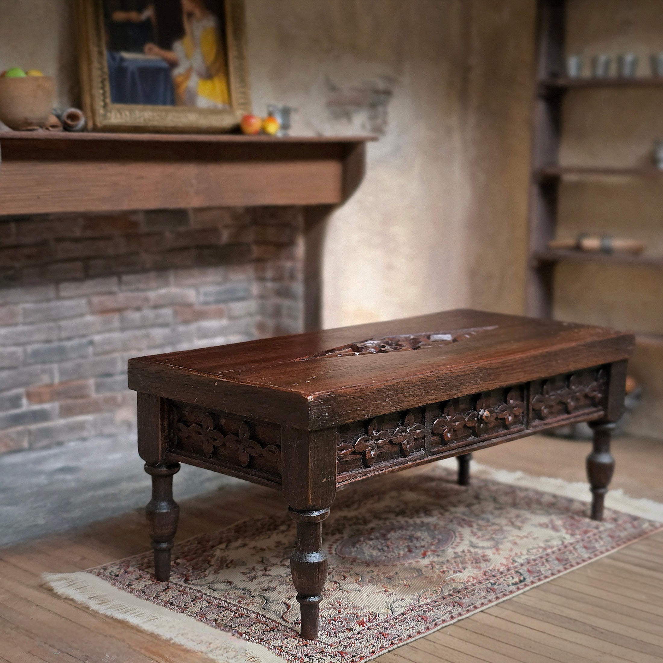 Hand-Carved Tudor-Style Low Serving Table with Floral Panels & Turned Legs