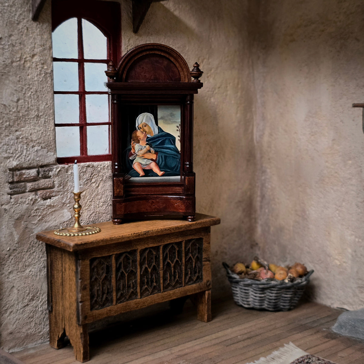 Gilbert Mena Madonna and Child Shrine after Vittore Carpaccio Hand-Carved Wood
