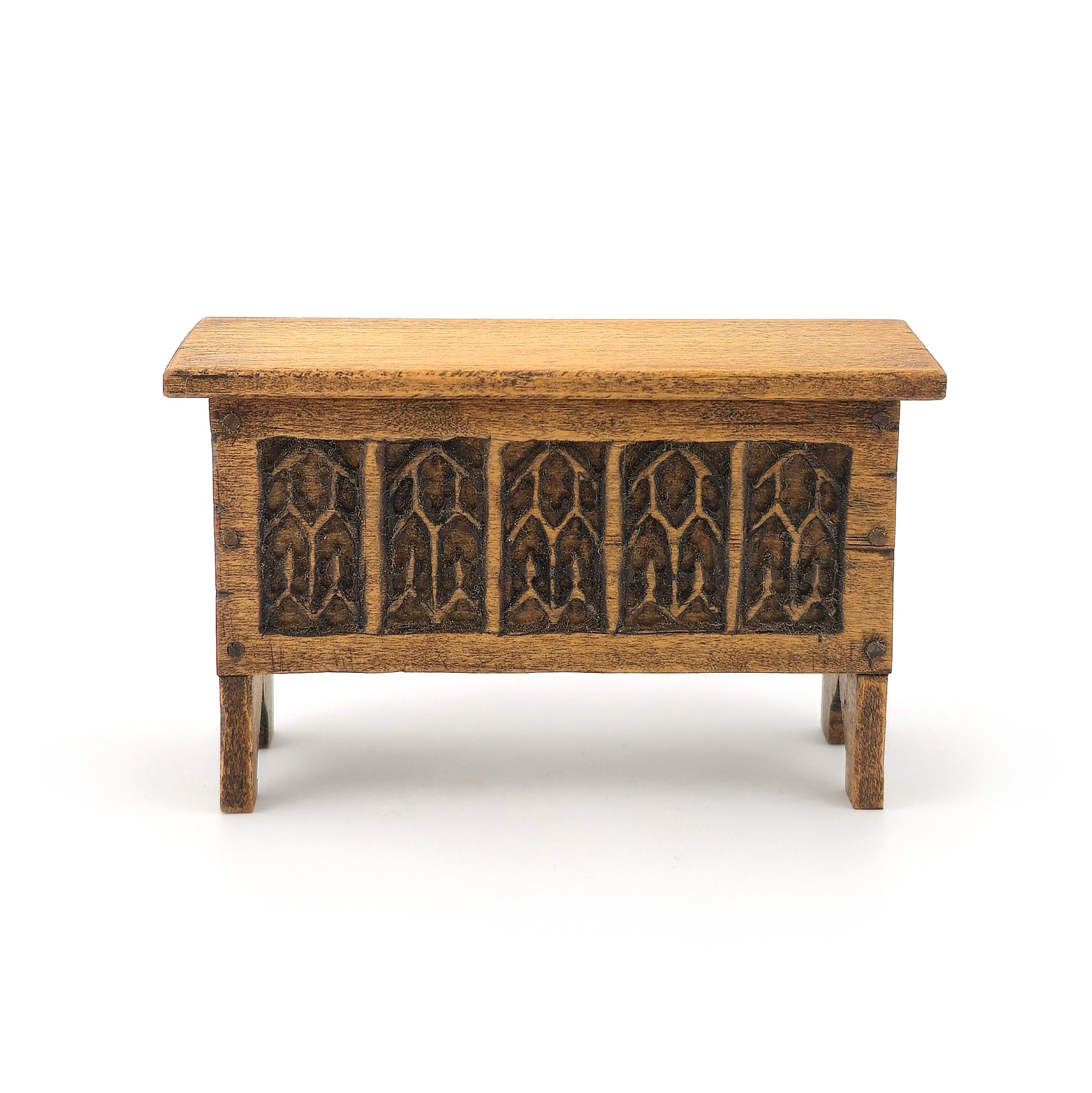 Tudor Gothic Carved Wooden Coffer Storage Chest with Hinged Lid 1:12 Scale