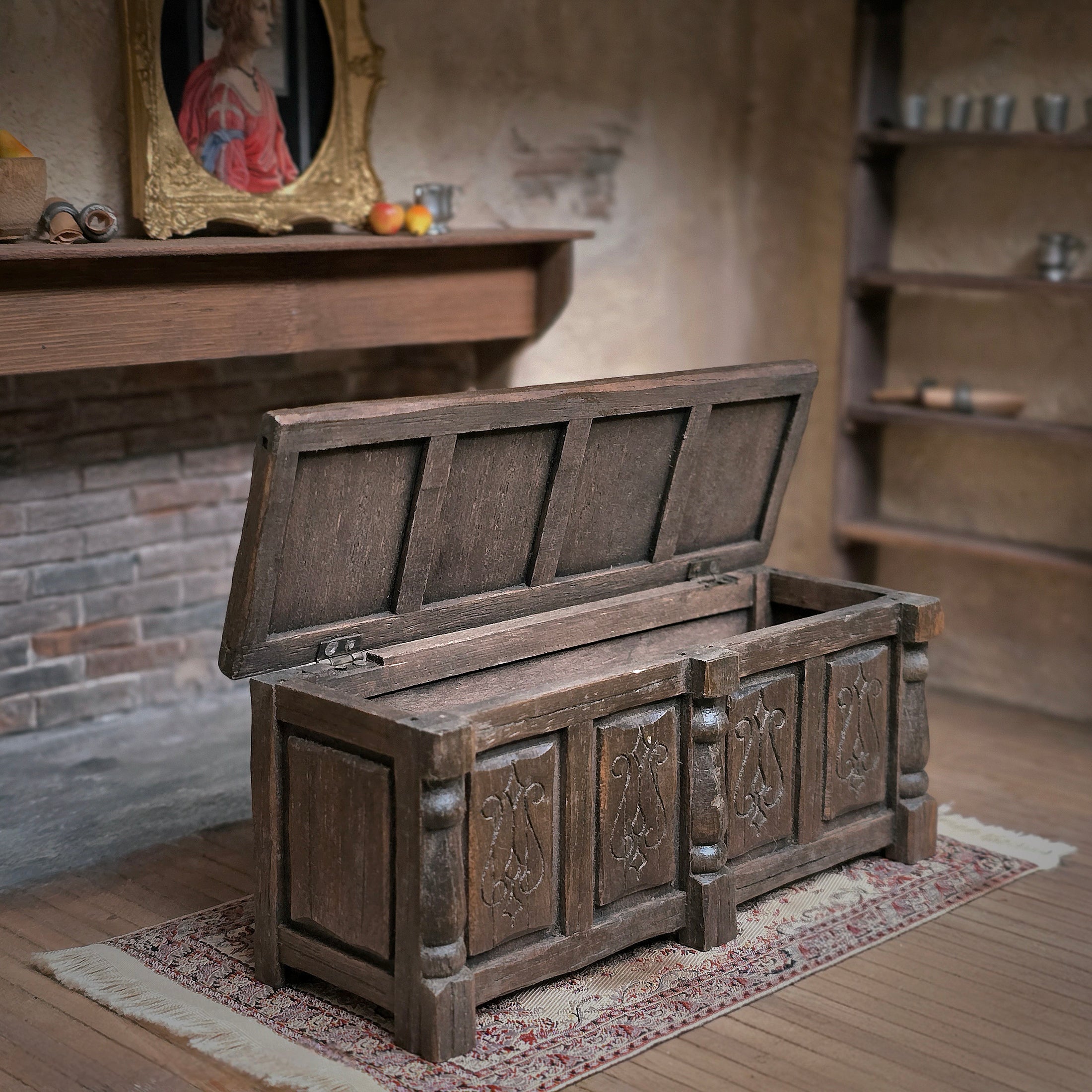 Tudor-Style Four-Panel Wooden Coffer Blanket Chest with Hinged Lid – 1:12 Scale
