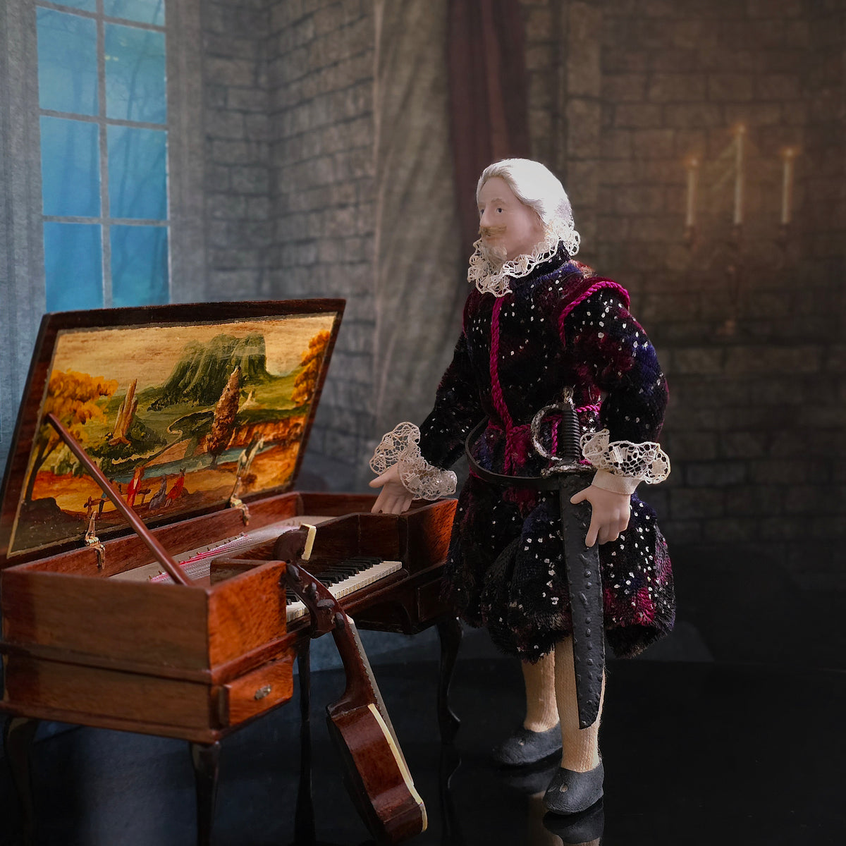 Derdriu Dolls Tudor Gentleman in Velvet with Sword Porcelain Dollhouse Doll