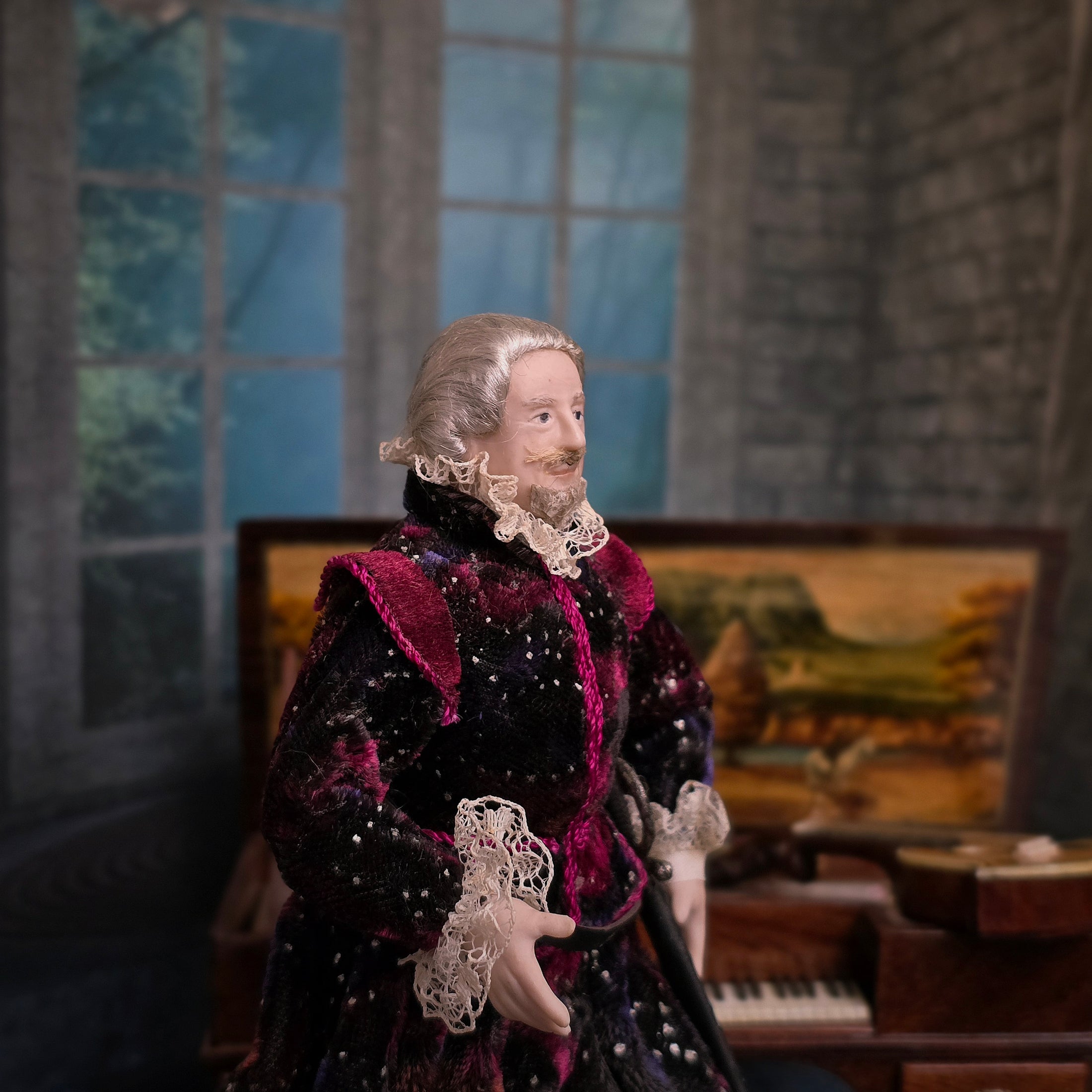 Derdriu Dolls Tudor Gentleman in Velvet with Sword Porcelain Dollhouse Doll