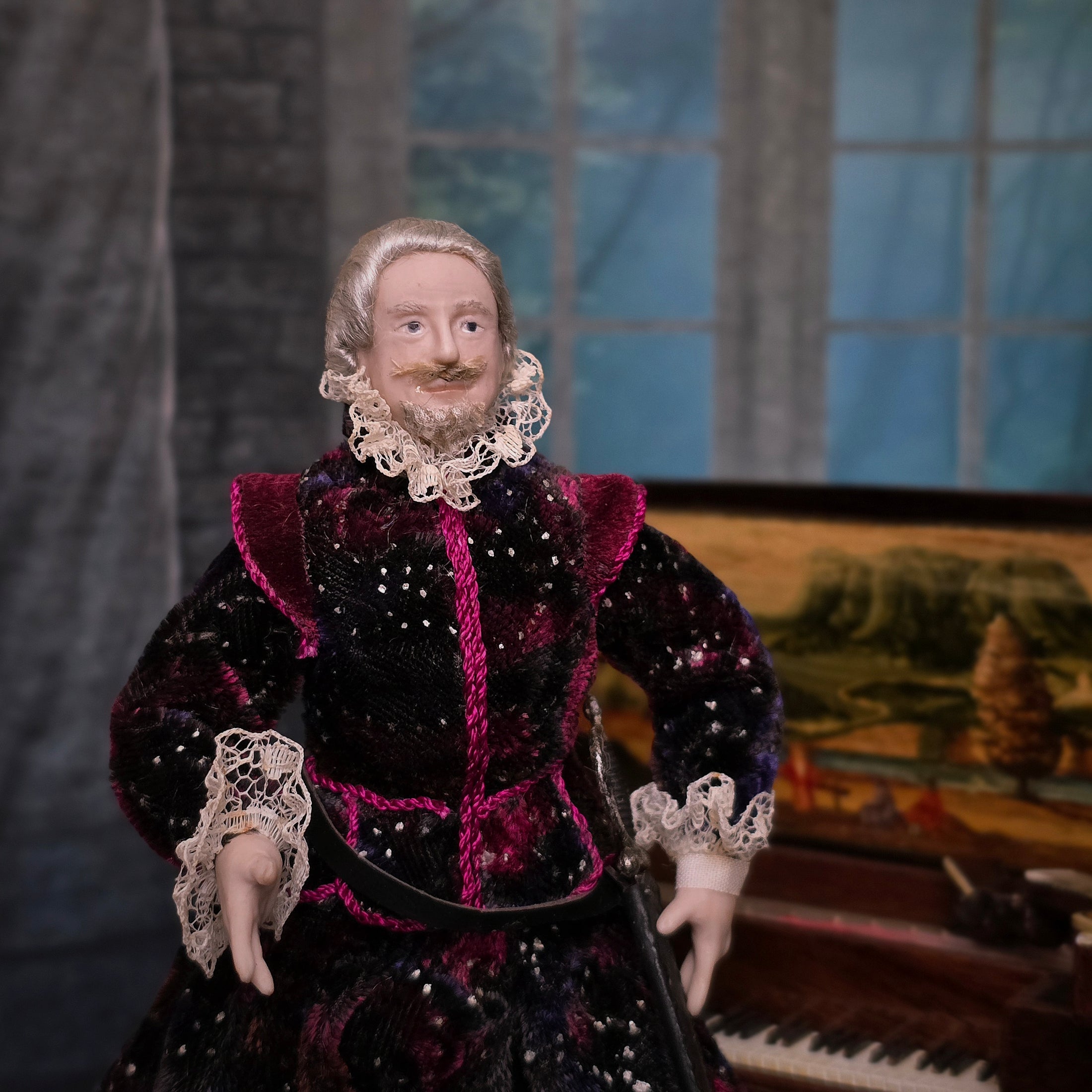 Derdriu Dolls Tudor Gentleman in Velvet with Sword Porcelain Dollhouse Doll