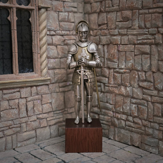 Tudor Knight #2 in Full Metal Armor with Sword & Wood Display Base 1:12 Scale