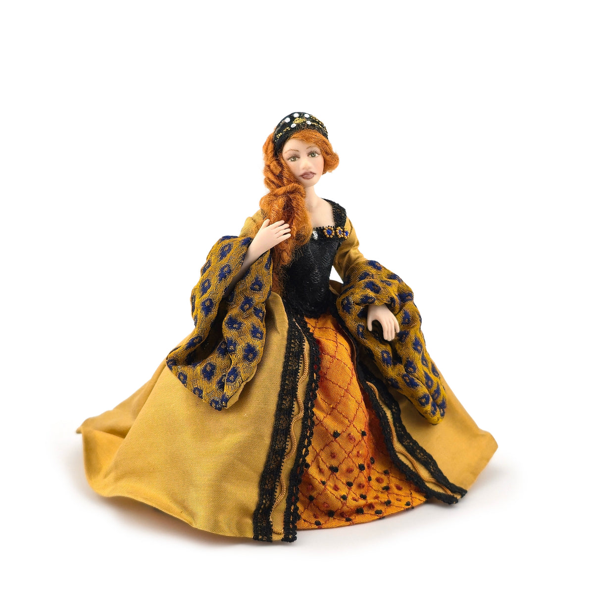 Derdriu Dolls Tudor Lady in Silk & Velvet Gown Porcelain Dollhouse Doll 1:12 Scale