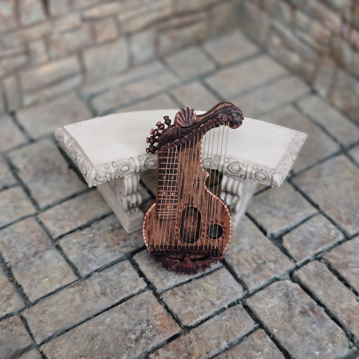 Hand-Carved Dollhouse Celtic Lyre Harp Artisan Signed AEB