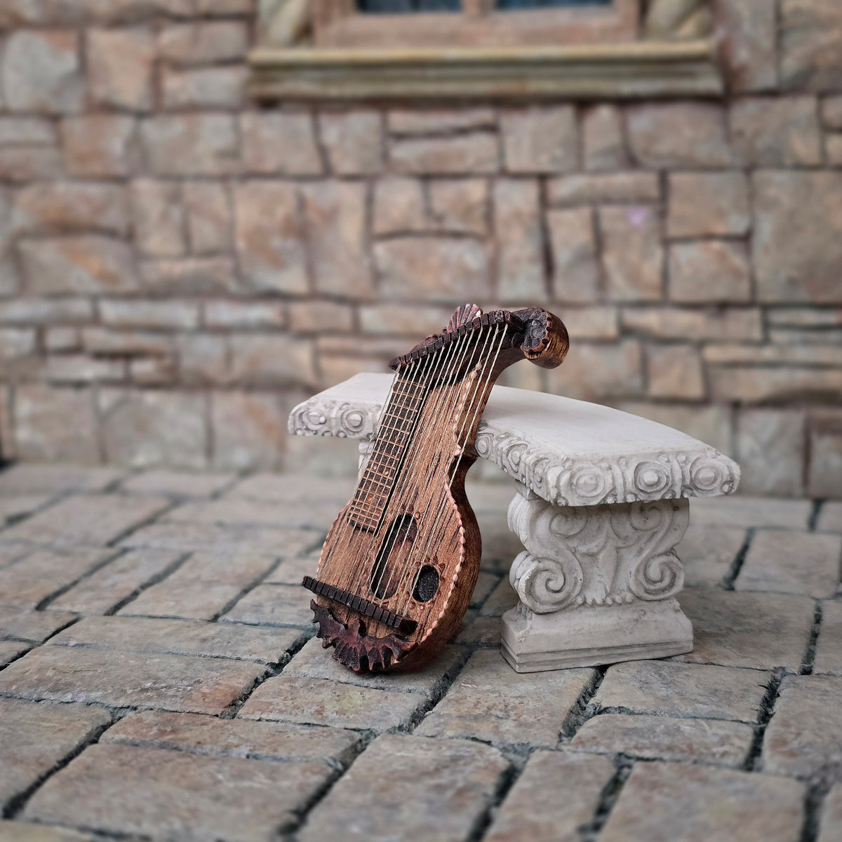 Hand-Carved Dollhouse Celtic Lyre Harp Artisan Signed AEB