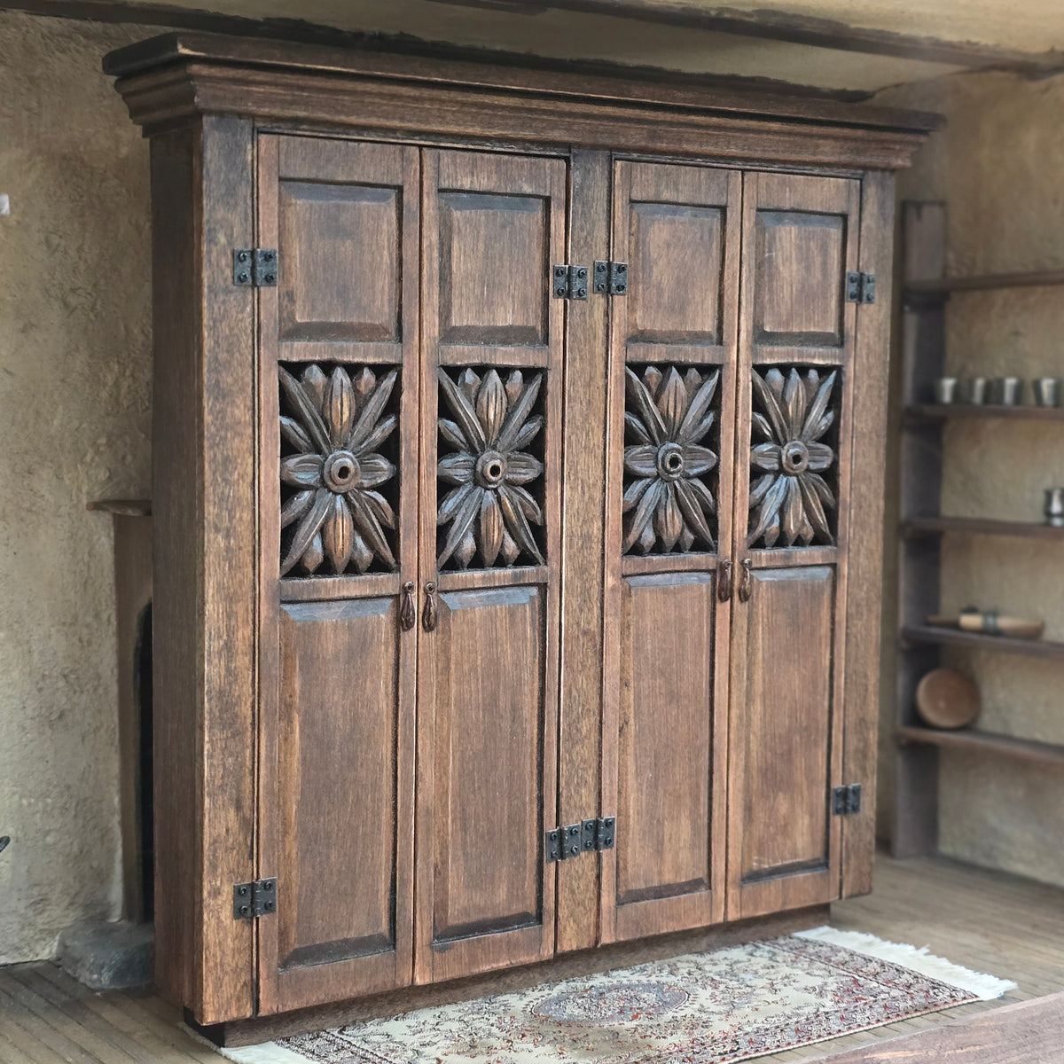 JK Roth Medieval Carved Dollhouse Wood Cabinet with Hinged Doors 1:12 Scale