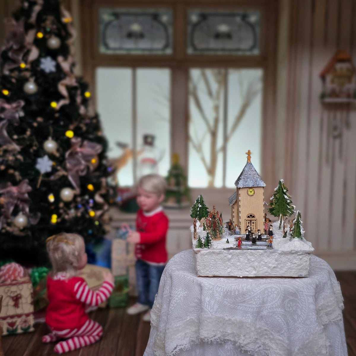 Rare Volker Arnold Illuminated Micro Miniature Winter Church Scene in 1:144 Scale