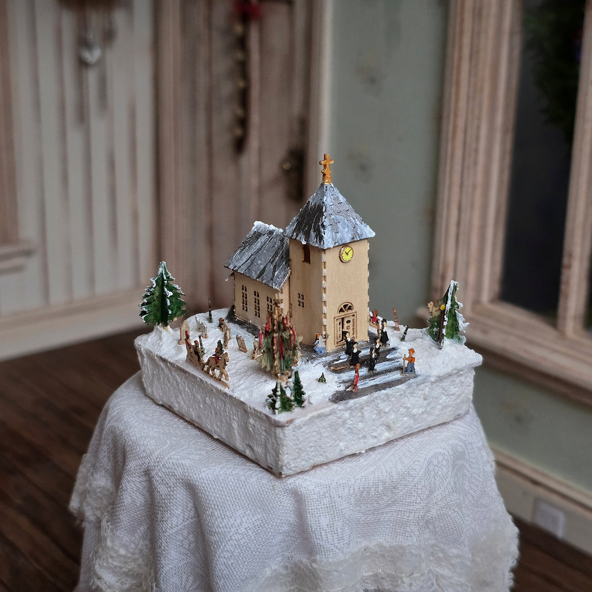 Rare Volker Arnold Illuminated Micro Miniature Winter Church Scene in 1:144 Scale