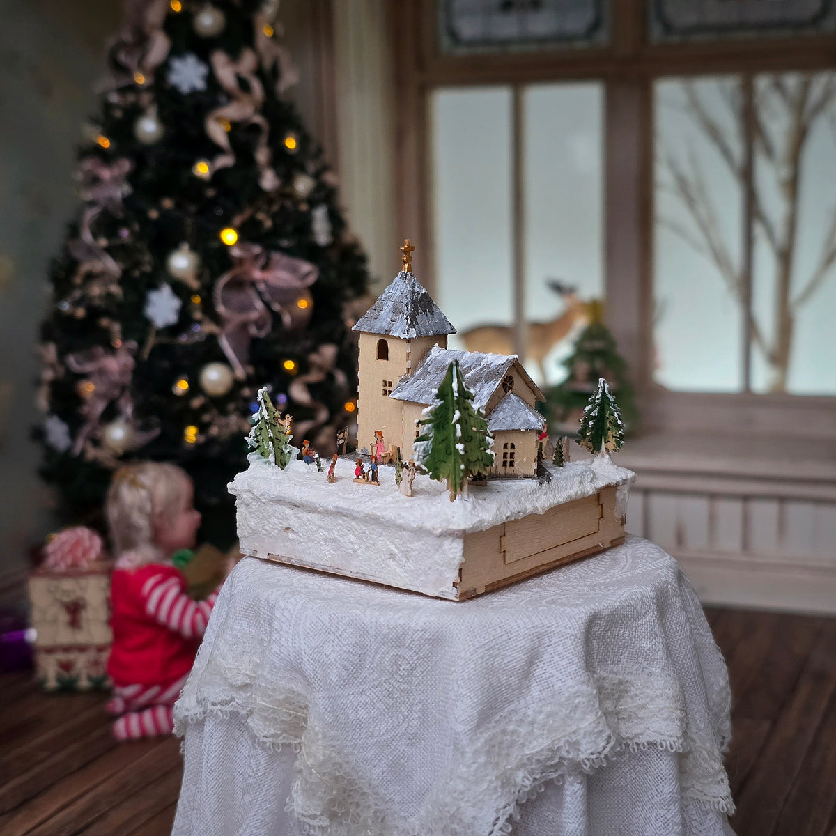 Rare Volker Arnold Illuminated Micro Miniature Winter Church Scene in 1:144 Scale