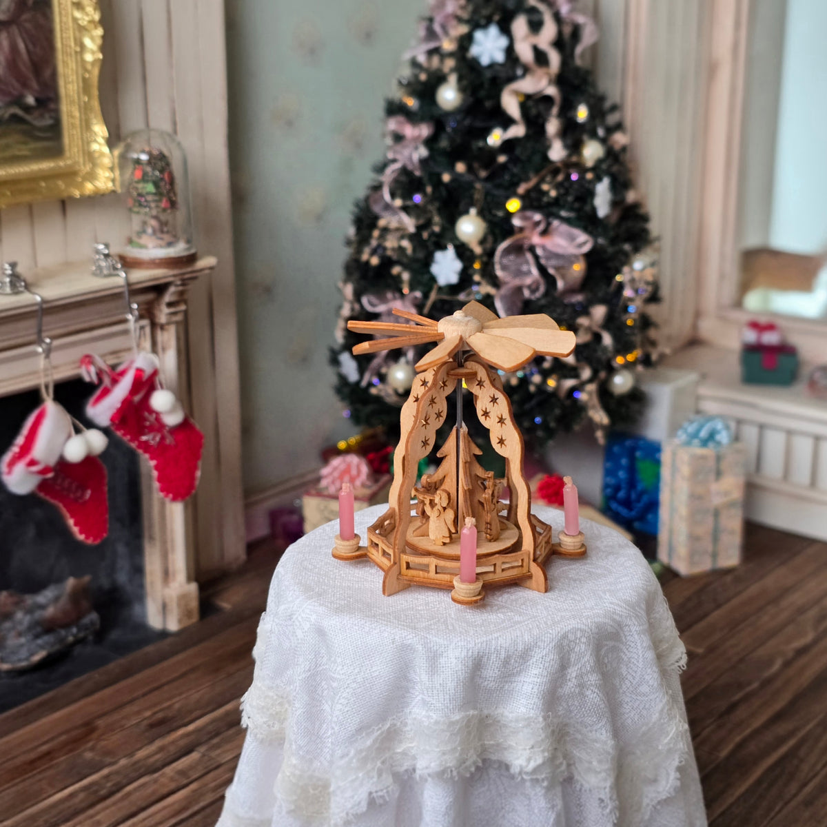 Volker Arnold German Christmas Tree Pyramid with Star Arch, Choir Angels & Pink Candles