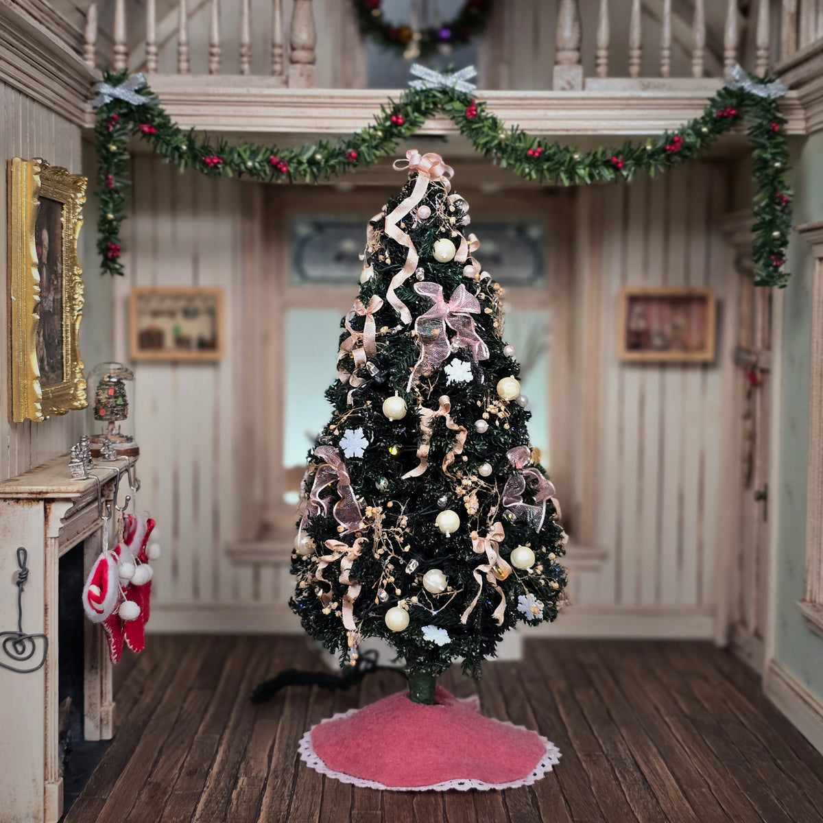 Lighted Pink & Pearl Christmas Tree with Bows, Snowflakes & Tree Skirt 1:12 Dollhouse