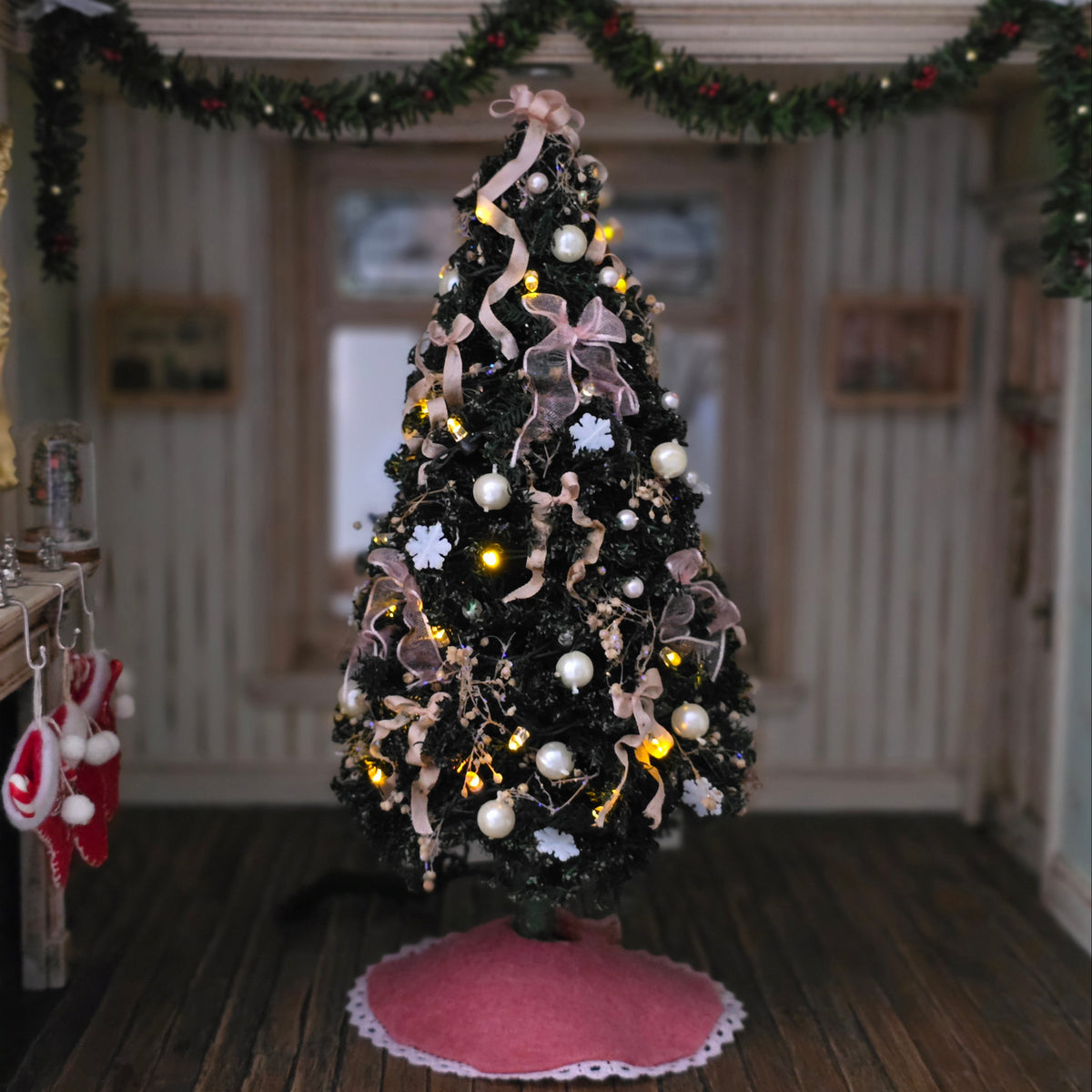 Lighted Pink & Pearl Christmas Tree with Bows, Snowflakes & Tree Skirt 1:12 Dollhouse