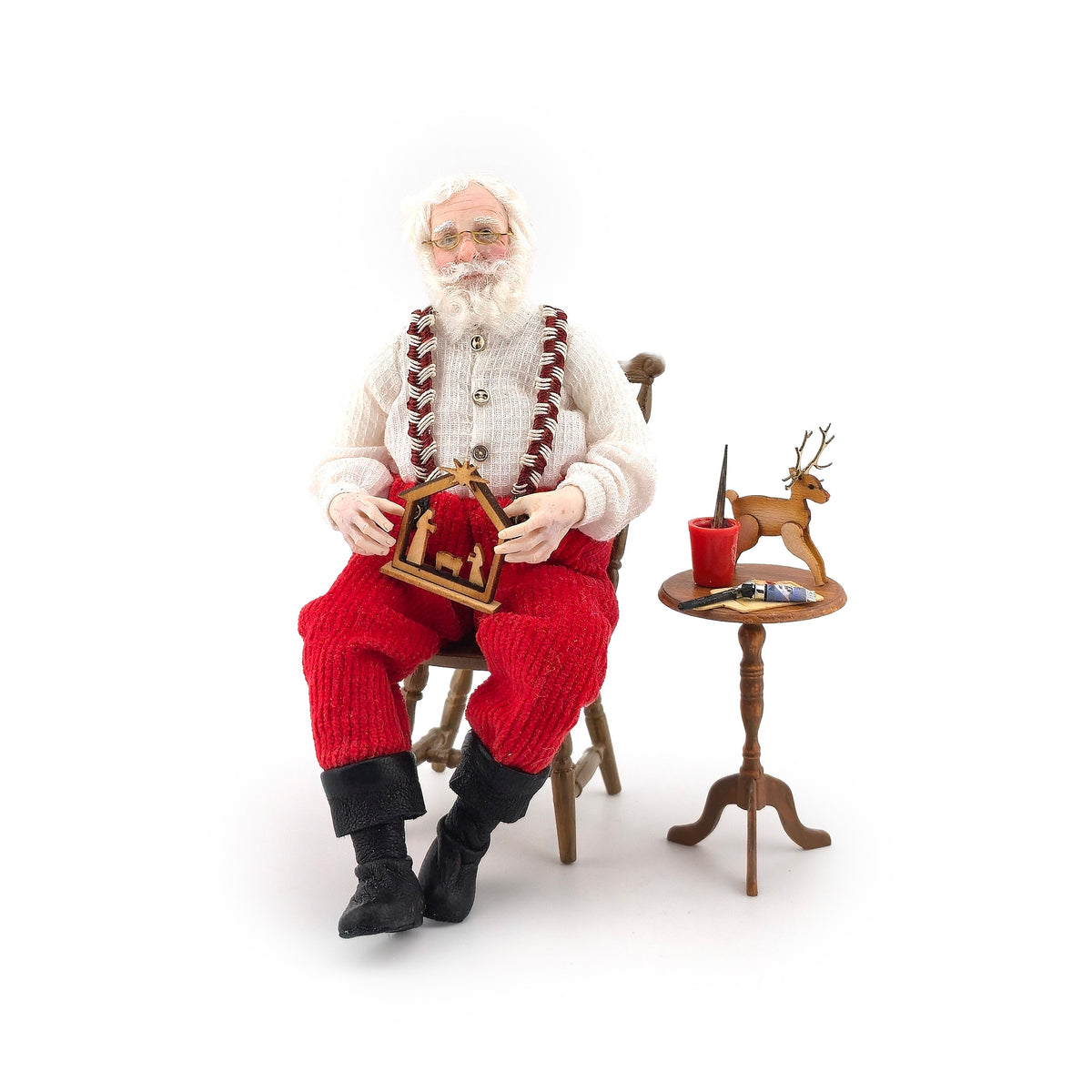 Julie Campbell OOAK Santa Making a Wooden Nativity with Chair & Worktable IGMA Doll