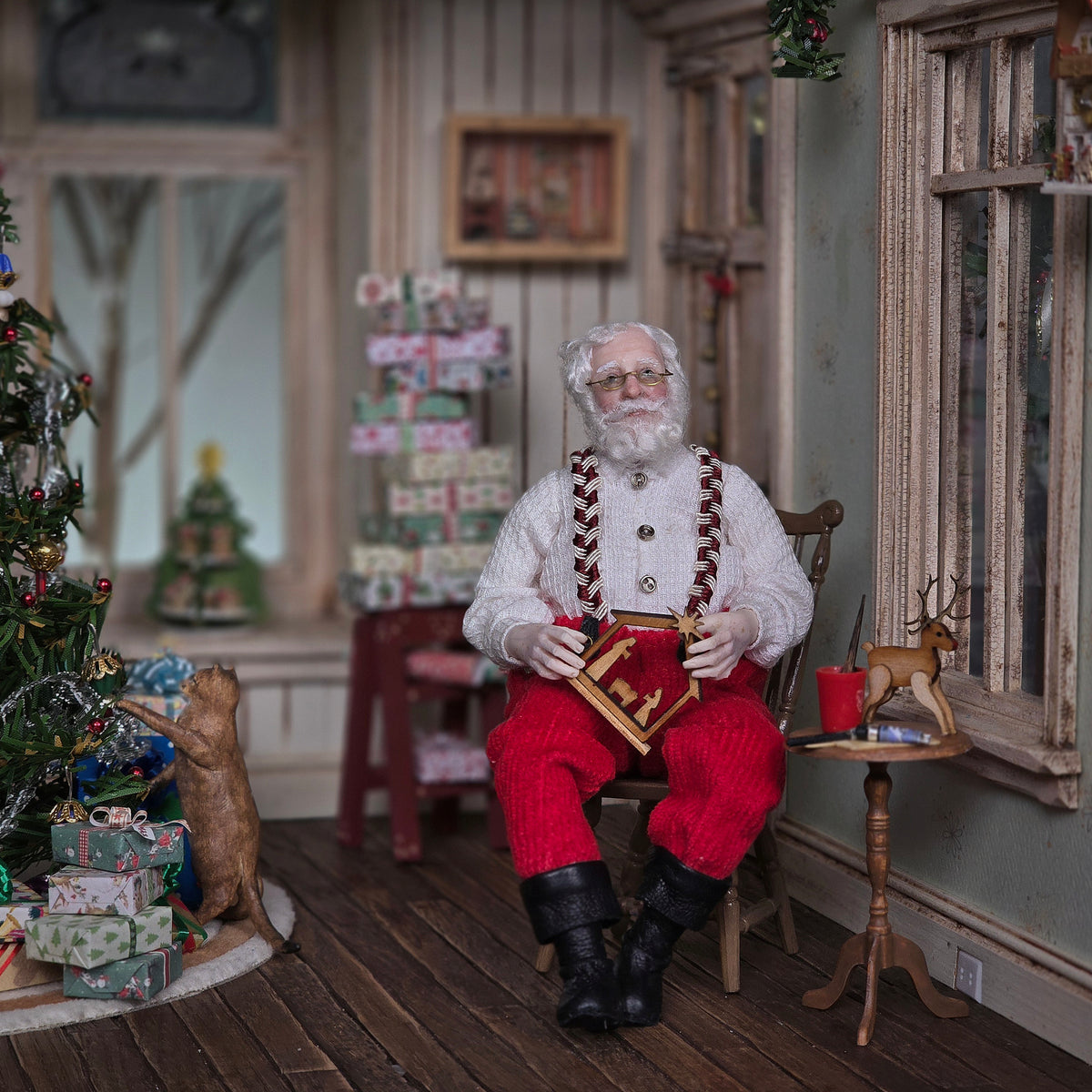 Julie Campbell OOAK Santa Making a Wooden Nativity with Chair & Worktable IGMA Doll