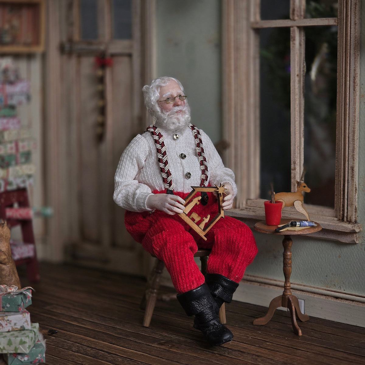Julie Campbell OOAK Santa Making a Wooden Nativity with Chair & Worktable IGMA Doll