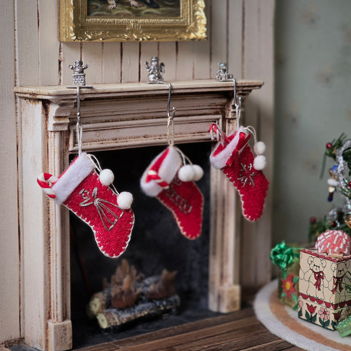 Classic Red Wool Christmas Stocking with Embroidered Angel & Candy Cane Inside