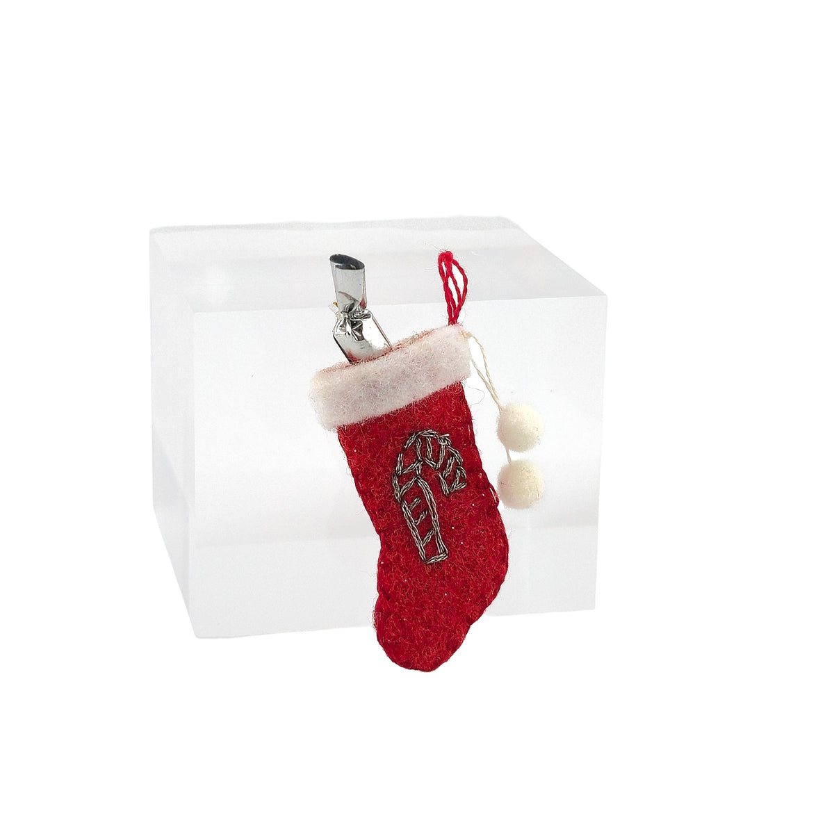 Traditional Red Wool Christmas Stocking with Hand Embroidered Candy Cane